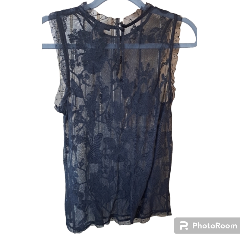 WHO WHAT WEAR Sheer Tull Lace Black Embroidered Sleeveless Blouse Sz S - Picture 2 of 6